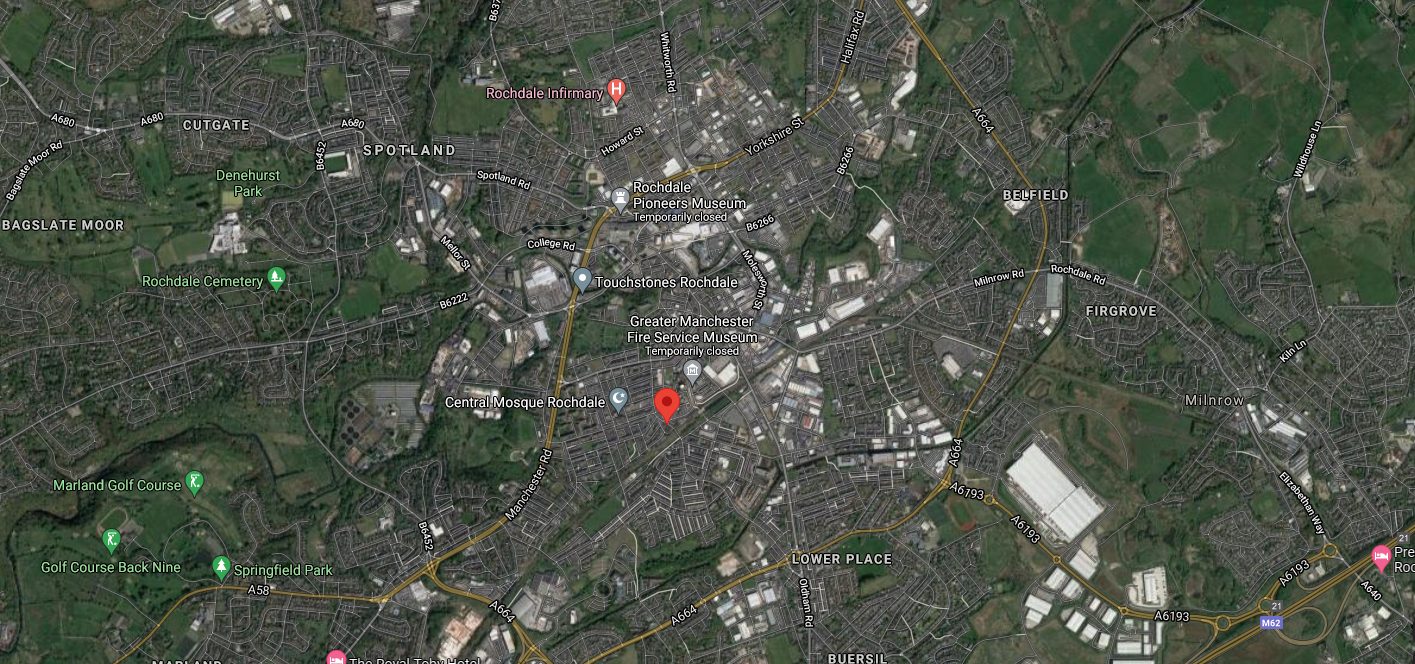 Google Maps satellite image of Rochdale